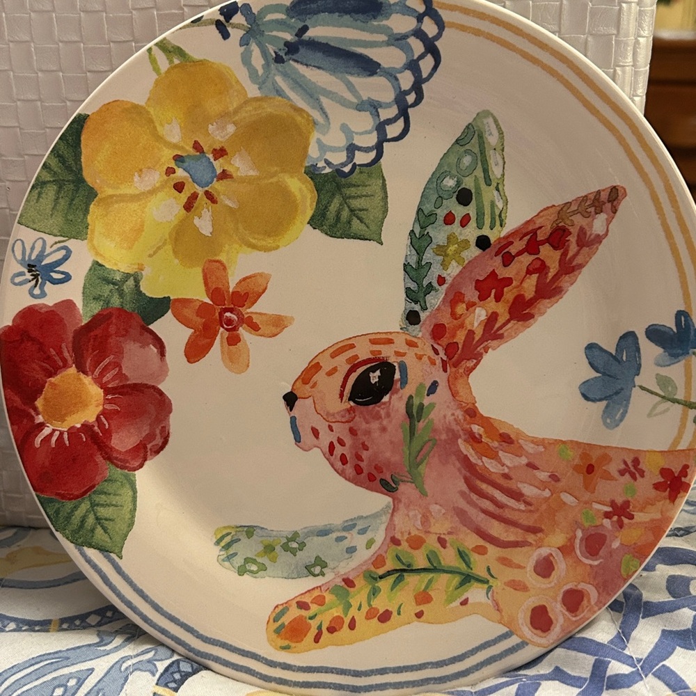 Pier 1 Ironstone Hello Spring 4 Salad Plates Floral 9” Duck Bird Bunny Rabbit - Picture 5 of 6